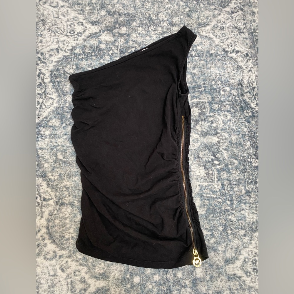 Michael Kors Black One-Shoulder Tank with Gold Zip Detail - XS